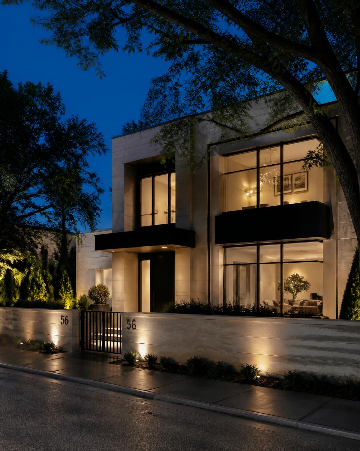 Elegant modern Chicago-area residence at dusk