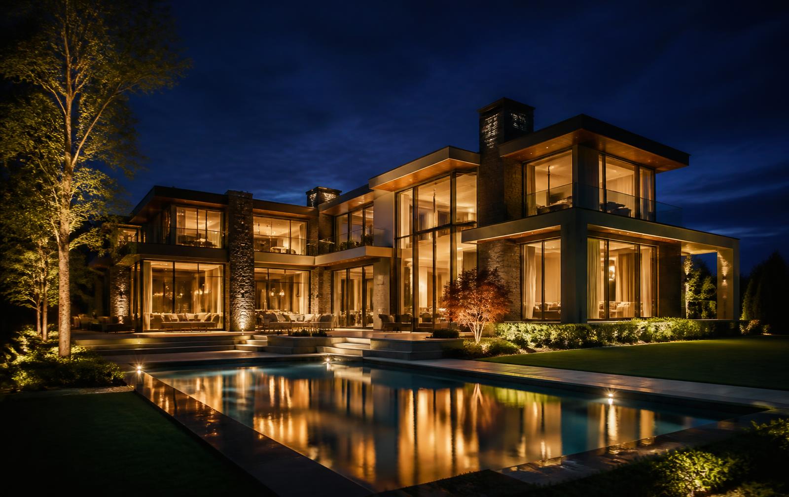 Contemporary luxury estate home illuminated at dusk